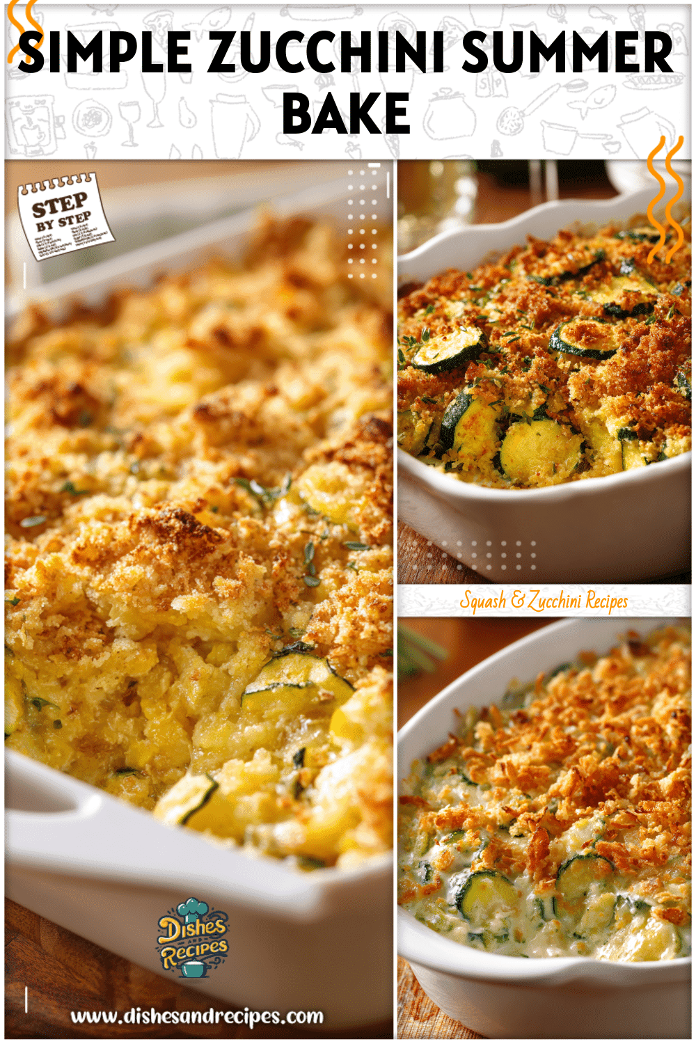 Summer squash and zucchini casserole served with golden crisp topping in a white baking dish.