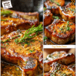 Restaurant-style pork chops with garlic butter seared in a skillet.