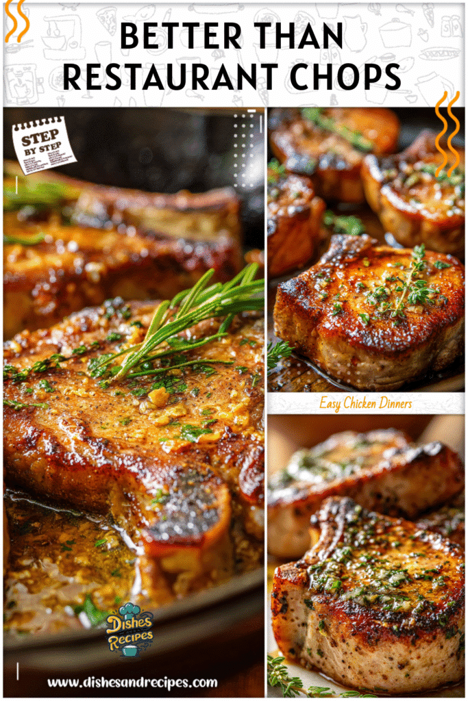 Home 30 Restaurant-style pork chops with garlic butter seared in a skillet.