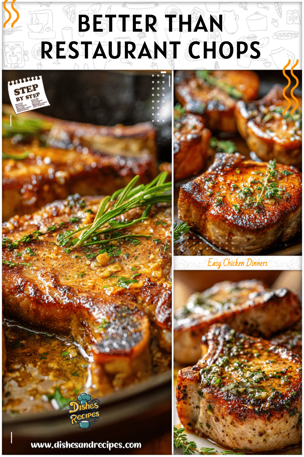 Restaurant-style pork chops with garlic butter seared in a skillet.