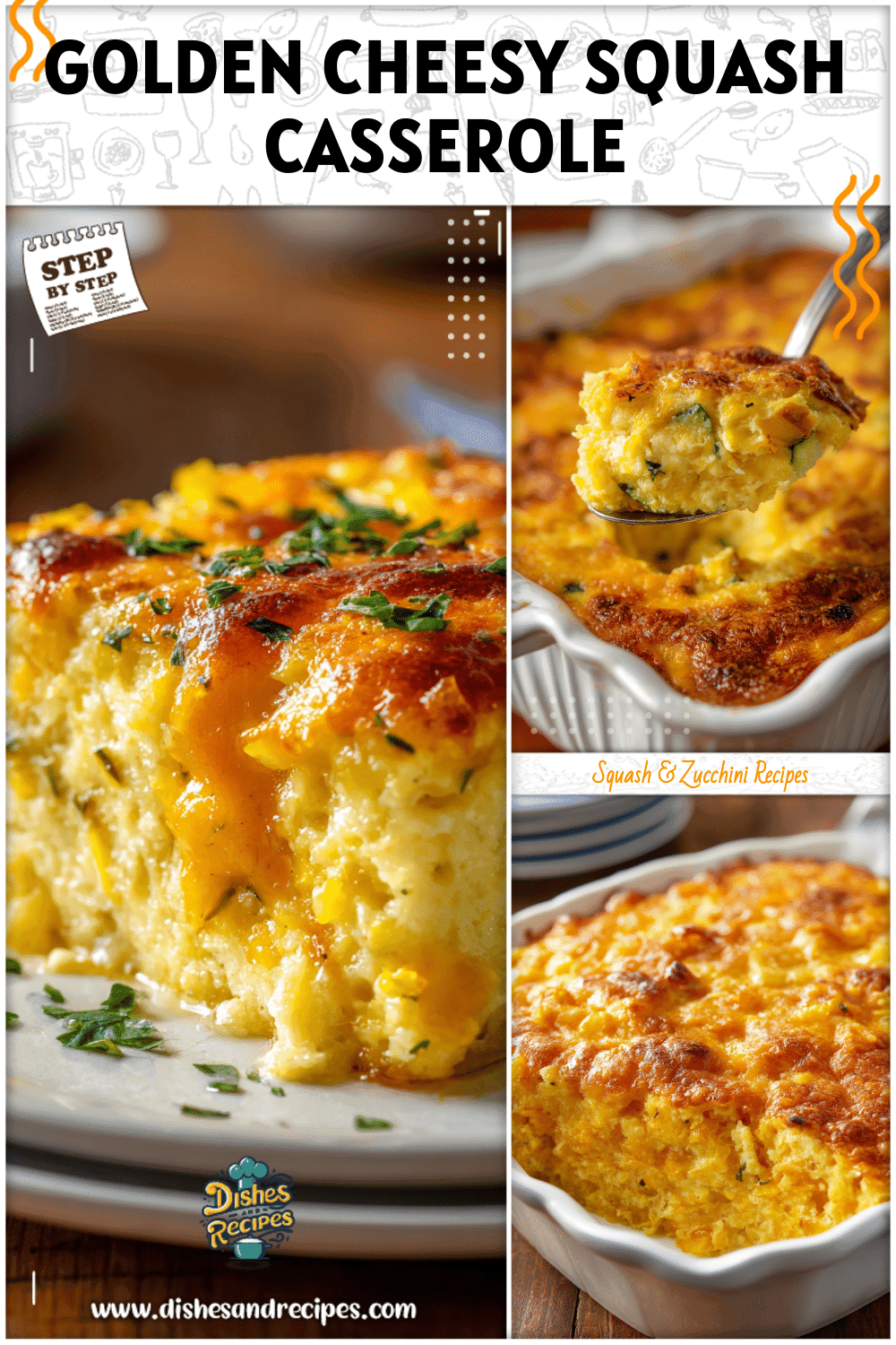 Southern style casserole of squash with golden cheese crust served hot for dinner.