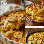 Closeup of golden crusted Southern squash casserole served in a cast iron dish on a farmhouse table.