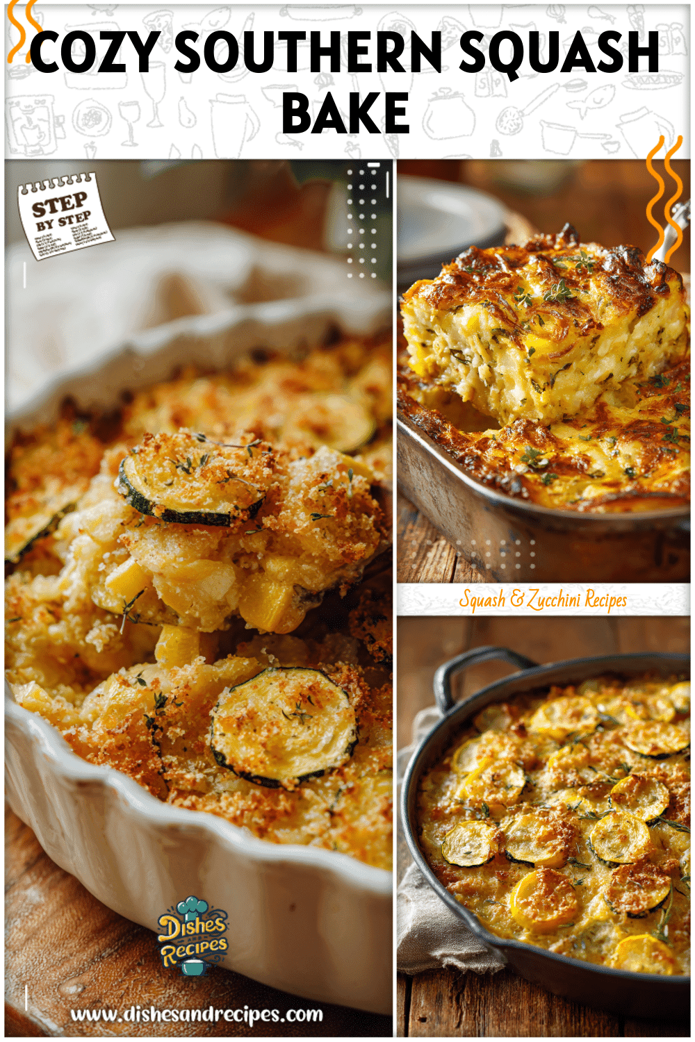 Closeup of golden crusted Southern squash casserole served in a cast iron dish on a farmhouse table.
