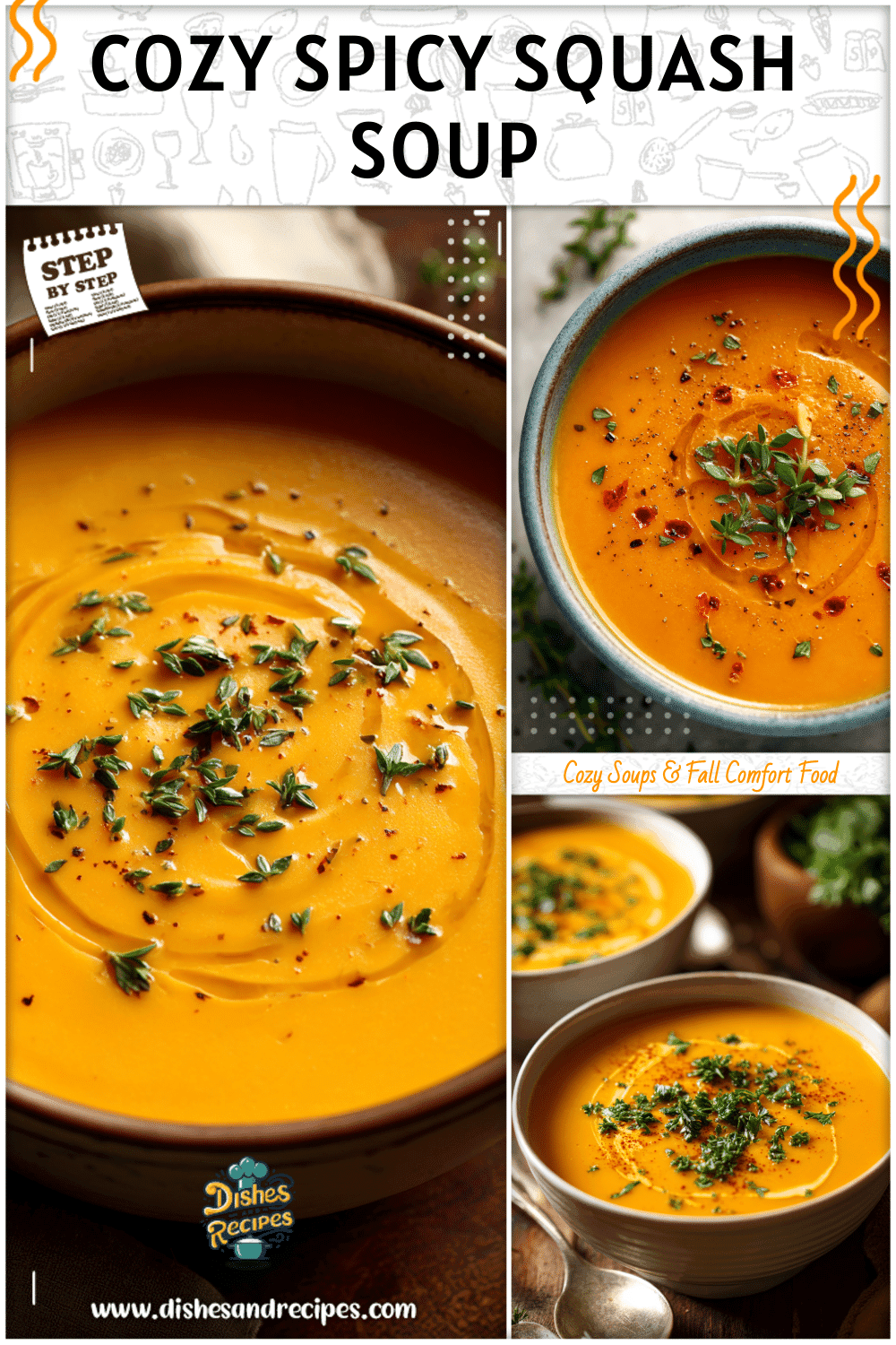 A bowl of spicy butternut squash and sweet potato soup garnished with herbs for Healthy Squash Soup inspiration