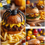 A spider-shaped Halloween burger with fries on a cutting board surrounded by decorative fake eggs and festive items.