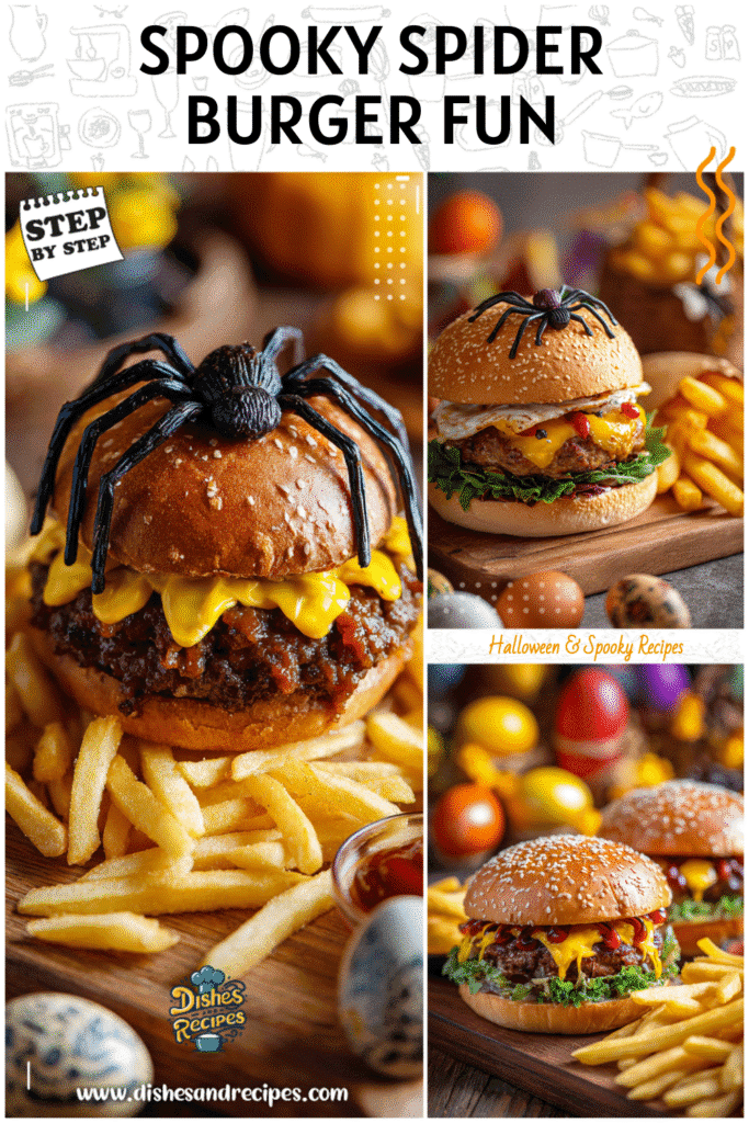 Home 32 A spider-shaped Halloween burger with fries on a cutting board surrounded by decorative fake eggs and festive items.