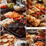 Halloween finger foods styled as scream themed snacks on a party table.