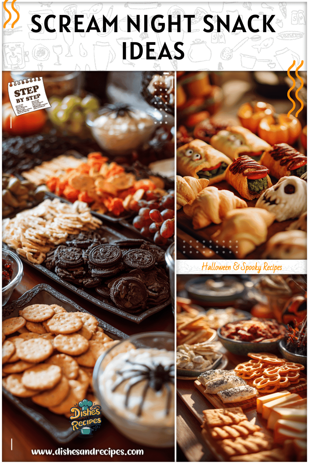 Halloween finger foods styled as scream themed snacks on a party table.