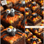 Tray of Halloween brookies with frosting spiders and candy corn for Halloween parties food