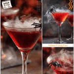 Spooky Adult Drinks: The Drunk Witch Cocktail 5 A blood-red spooky adult drink in a martini glass with fake spider garnish and smoky dry ice effect.