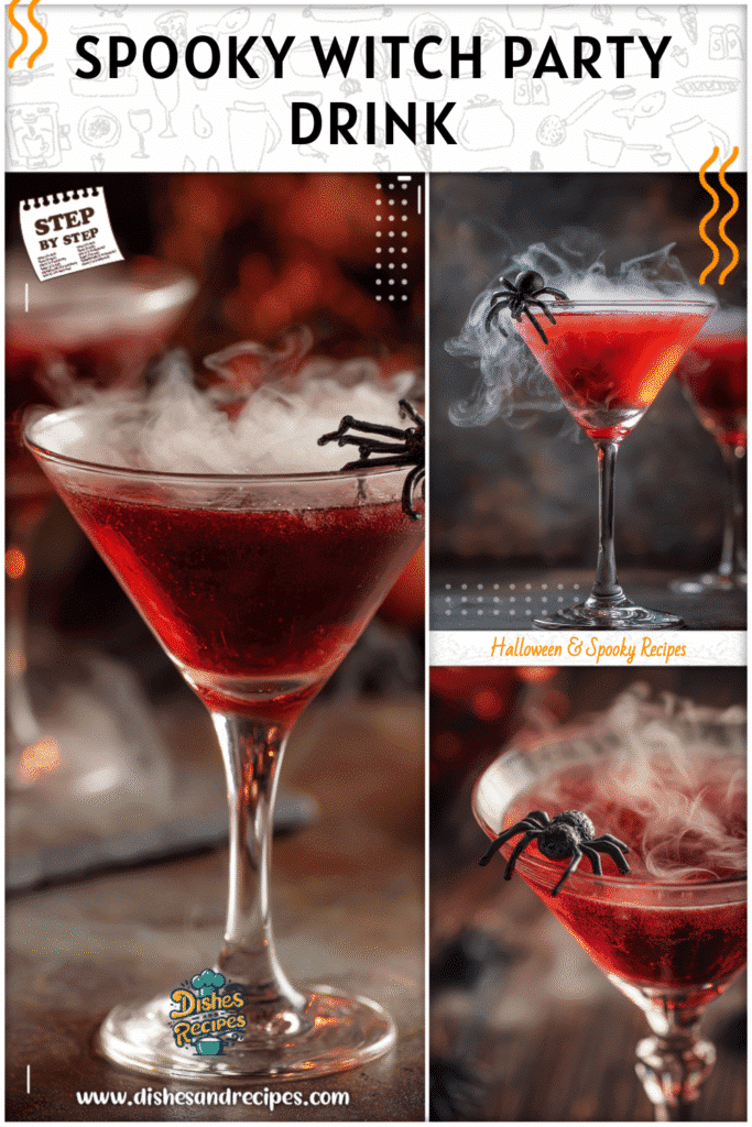 Home 33 A blood-red spooky adult drink in a martini glass with fake spider garnish and smoky dry ice effect.