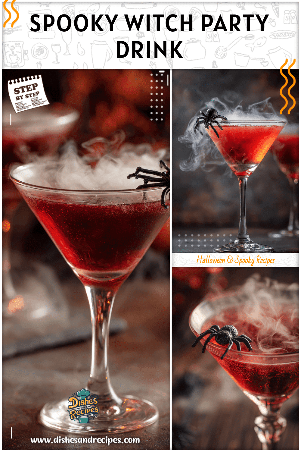 A blood-red spooky adult drink in a martini glass with fake spider garnish and smoky dry ice effect.