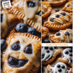 Spooky Blueberry Ghost Pies: A Vegan Fall Recipe 5 Ghost shaped blueberry hand pies with drizzled lemon icing styled as witchy snacks on a Halloween table