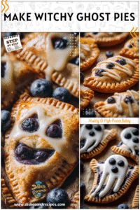Ghost shaped blueberry hand pies with drizzled lemon icing styled as witchy snacks on a Halloween table