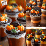 Clear cups with layers of chocolate pudding, cookie crumbs, and candy pumpkins as Halloween school party food.