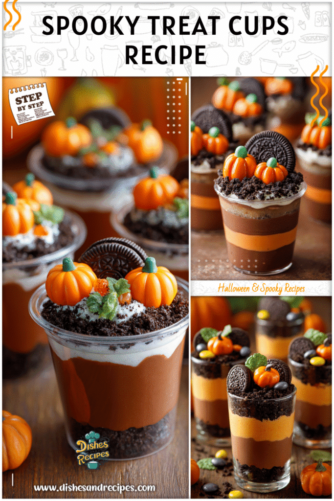 Home 28 Clear cups with layers of chocolate pudding, cookie crumbs, and candy pumpkins as Halloween school party food.