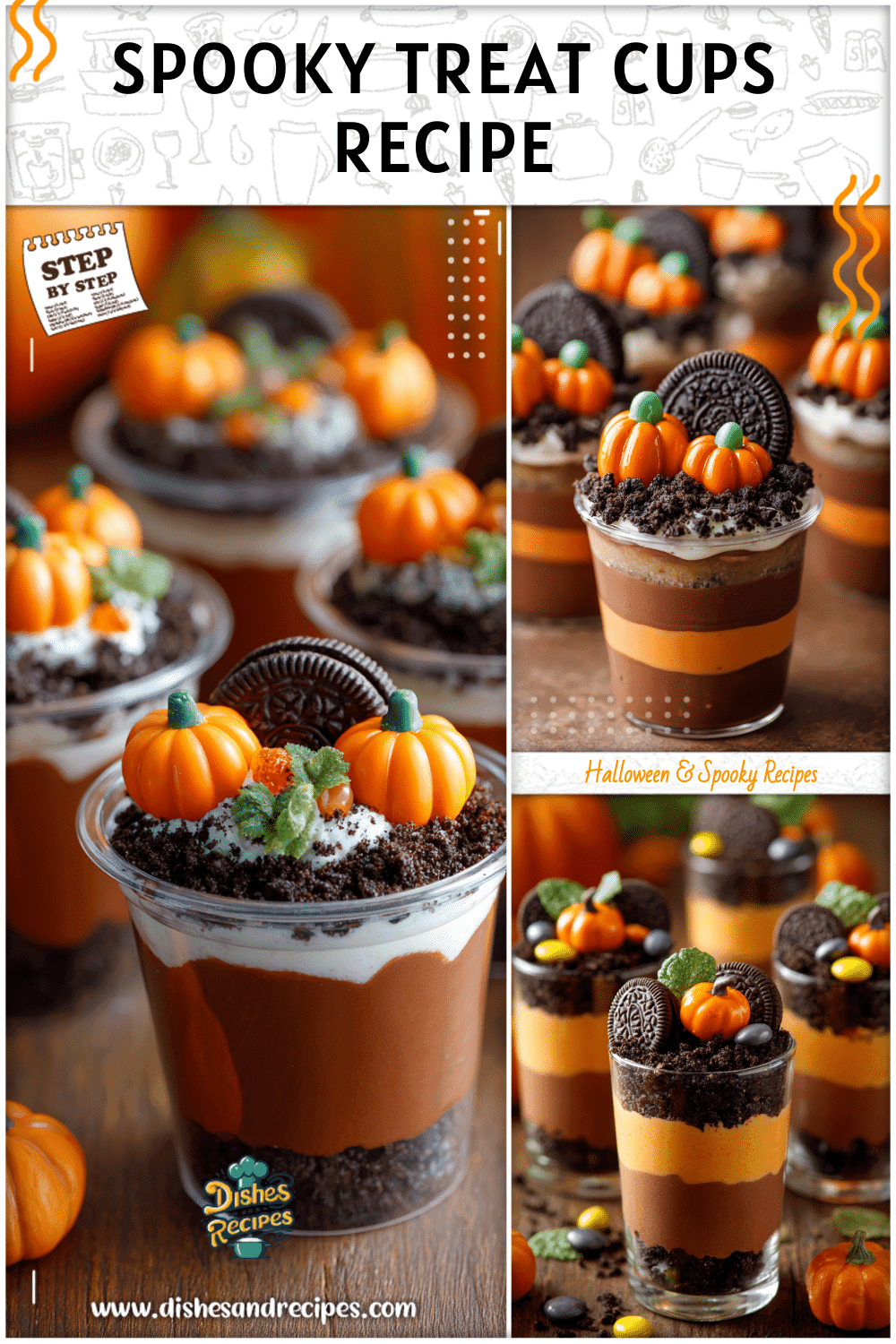Clear cups with layers of chocolate pudding, cookie crumbs, and candy pumpkins as Halloween school party food.