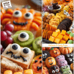 Colorful Halloween party snack platter with Halloween shaped food and spooky food board decorations