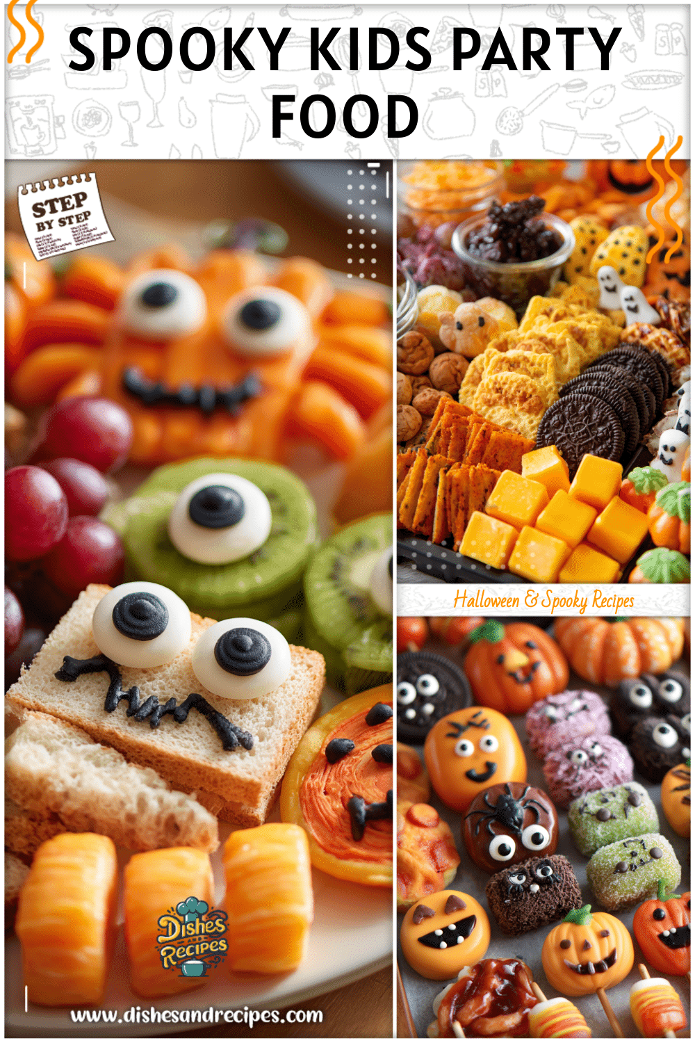 Colorful Halloween party snack platter with Halloween shaped food and spooky food board decorations