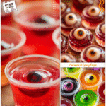 Transparent cups filled with Halloween Jell-O shots decorated as eyeballs