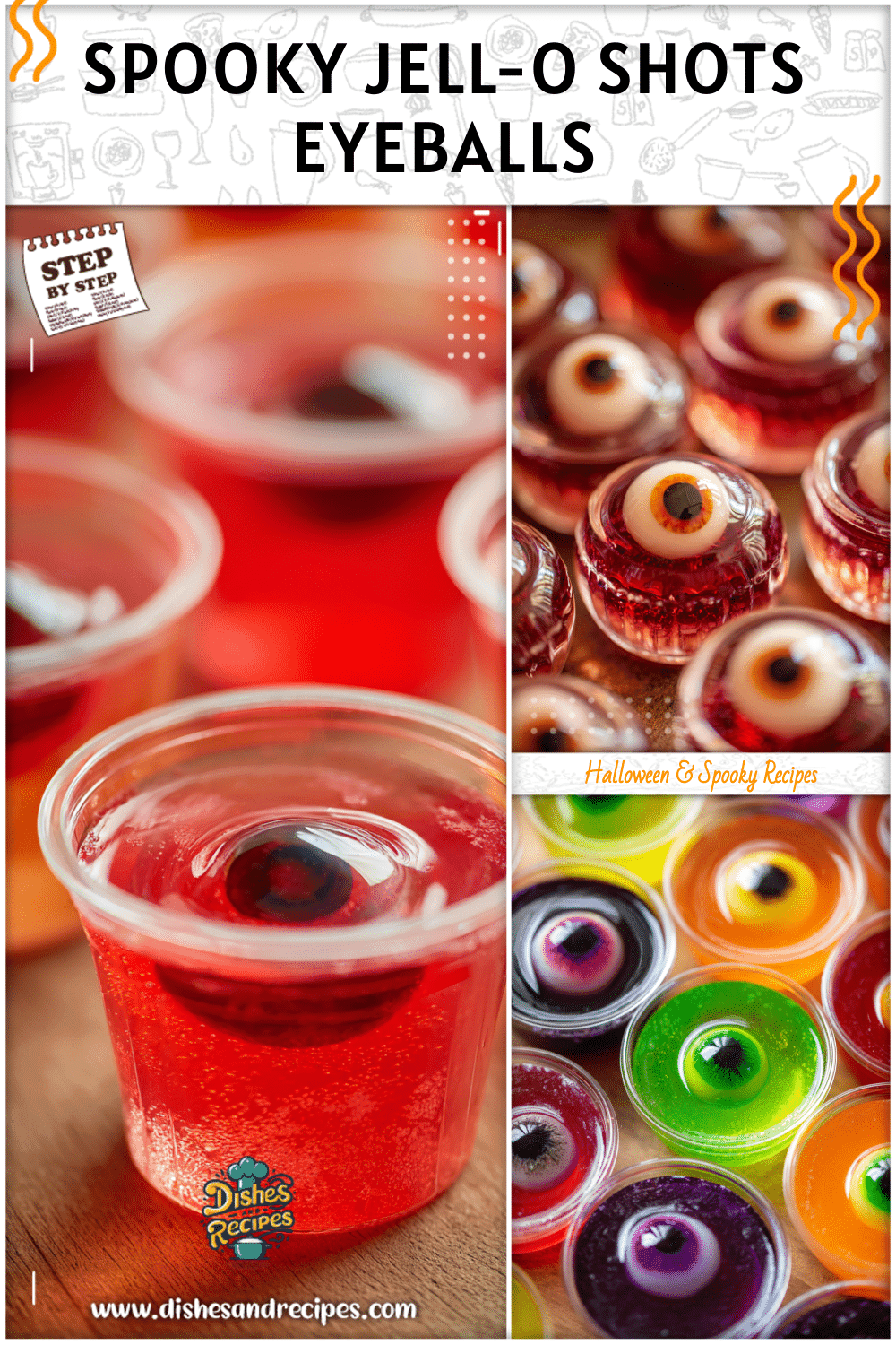 Transparent cups filled with Halloween Jell-O shots decorated as eyeballs