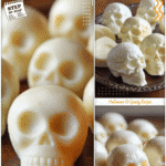 Small mozzarella skull appetizers served on a platter for Halloween party food