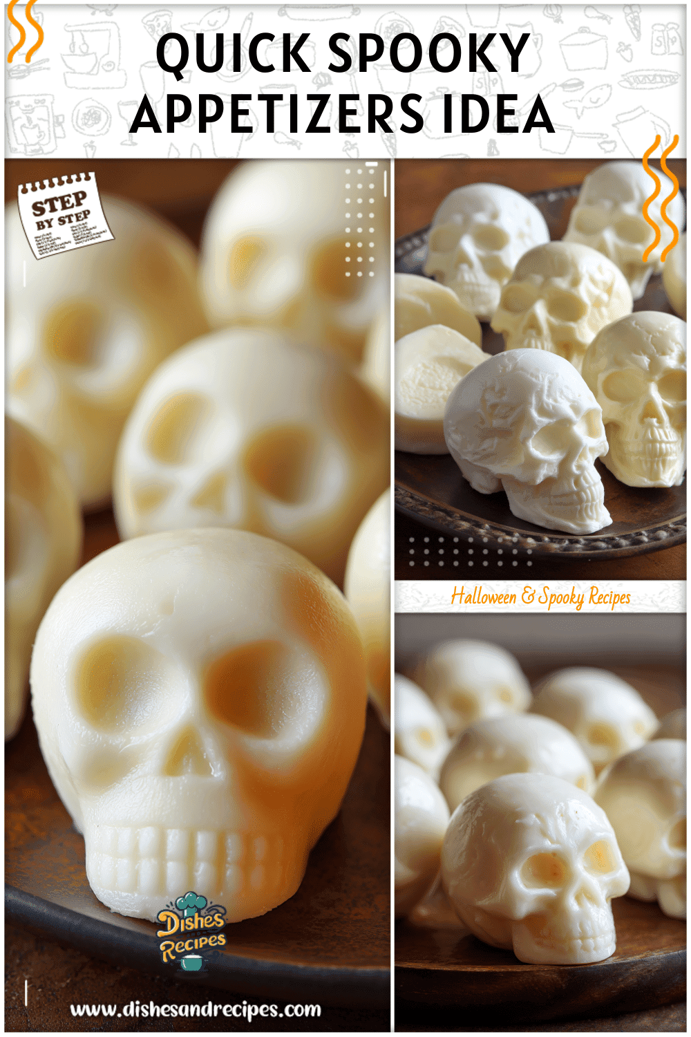 Small mozzarella skull appetizers served on a platter for Halloween party food