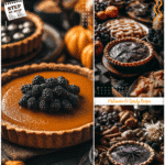 A dark Spooky Pie surrounded by Gothic Food styled for a Halloween tea party table.
