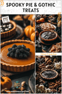 A dark Spooky Pie surrounded by Gothic Food styled for a Halloween tea party table.