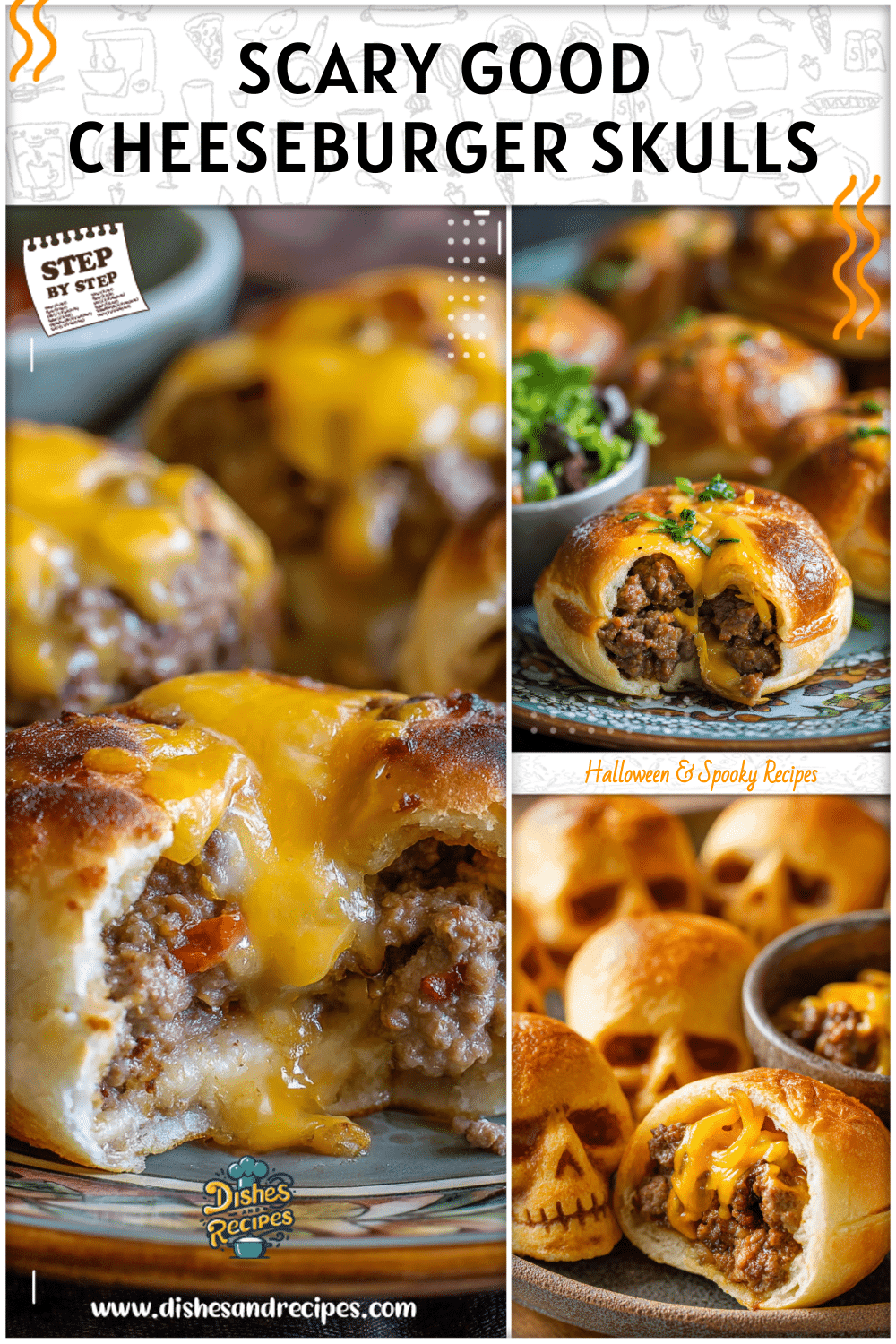 Cheeseburger skulls with melted cheese filling served as spooky season treats on a festive plate