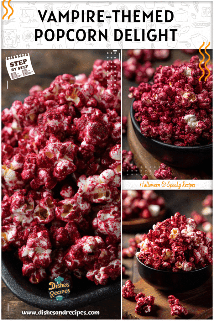 Home 35 Vampire-inspired red velvet popcorn served in a black dish as a spooky popcorn Halloween snack.