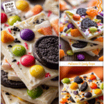 Colorful white chocolate bark with Oreos and candy for Easy Halloween Goodies and parties.