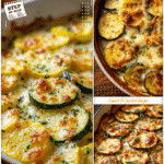 Cheesy baked casserole made with straight neck squash slices in a cast iron dish