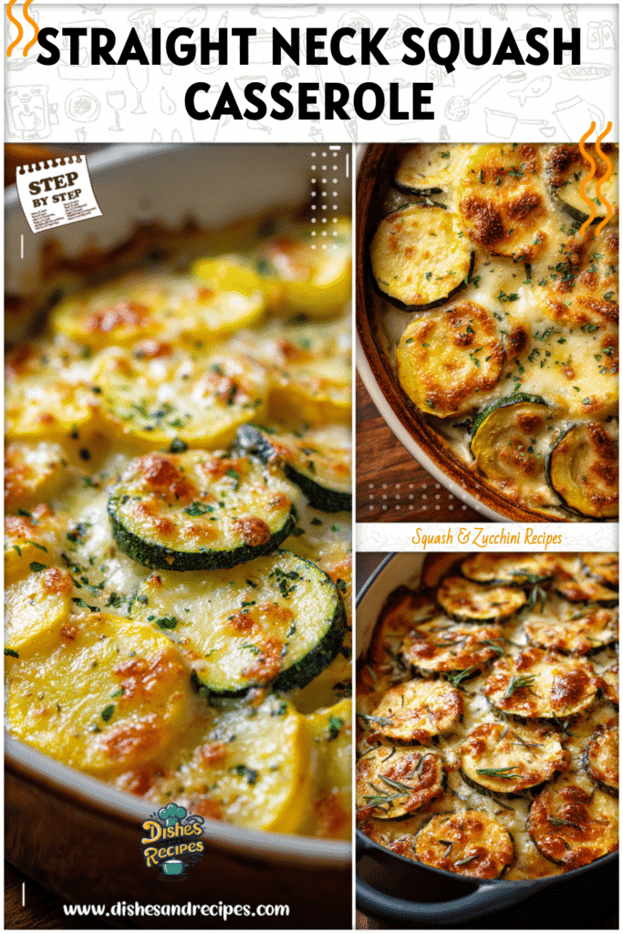 Cheesy baked casserole made with straight neck squash slices in a cast iron dish