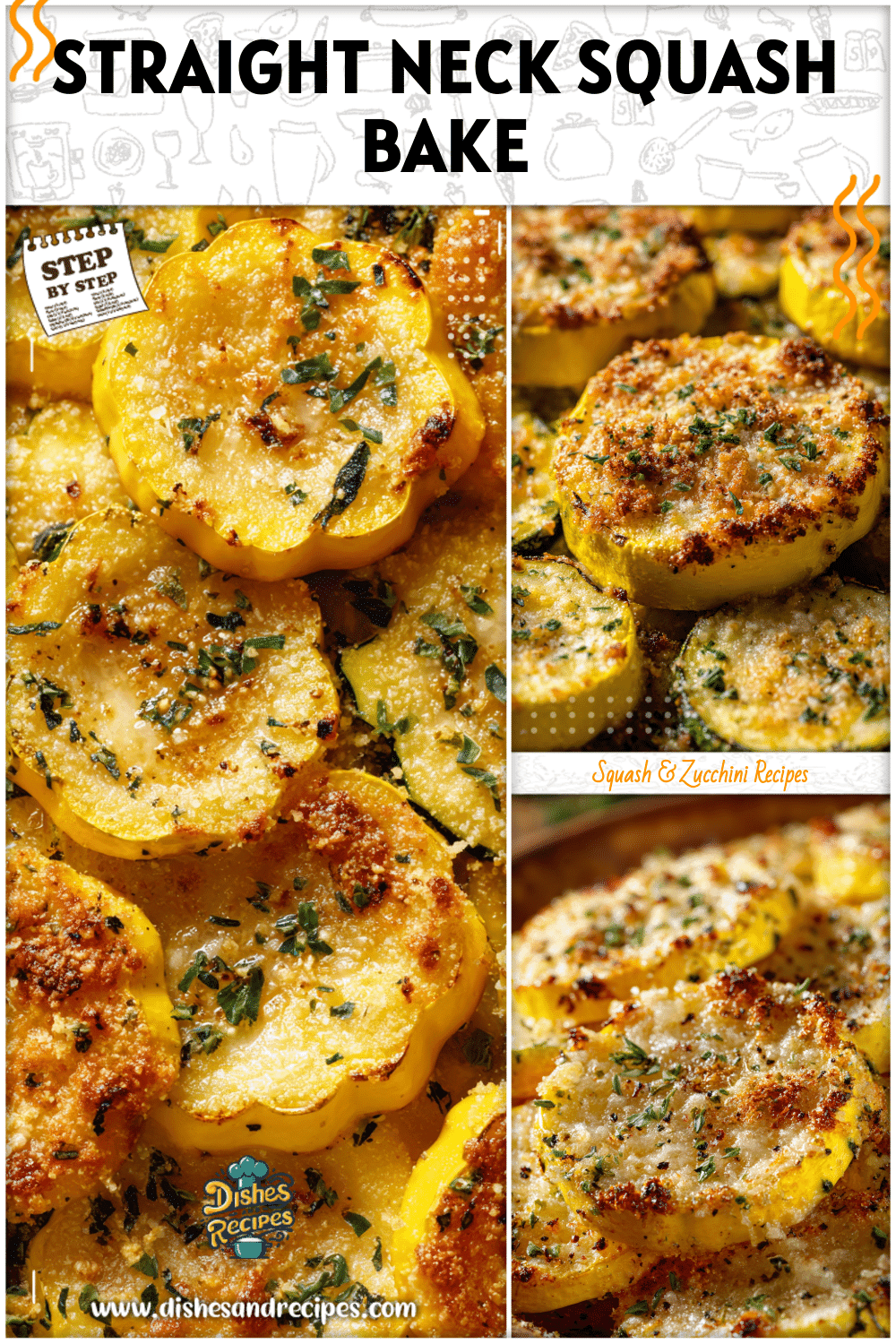 Baked straight neck yellow squash slices covered with melted parmesan cheese.