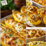 Stuffed yellow squash boats served with a cheesy baked squash casserole on the side