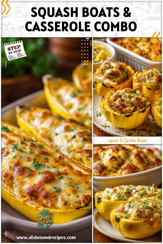 Home 32 Stuffed yellow squash boats served with a cheesy baked squash casserole on the side