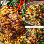 Sweet chili chicken served on a plate with healthy Roman noodles and colorful vegetables.