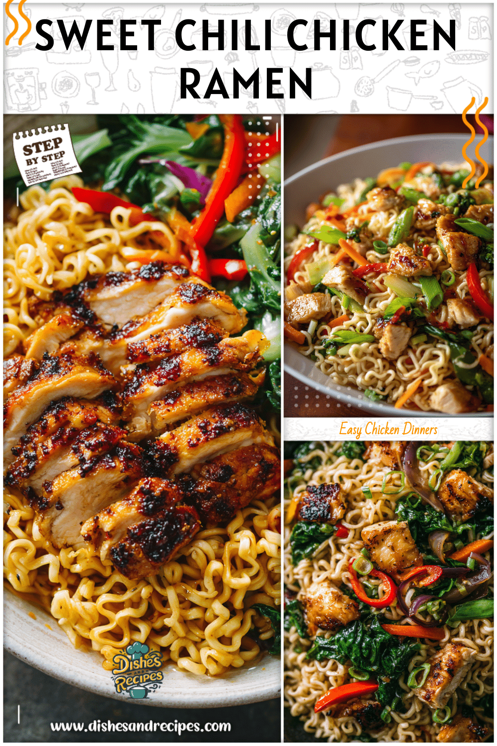 Sweet chili chicken served on a plate with healthy Roman noodles and colorful vegetables.