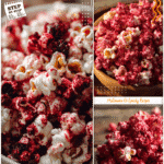 A bowl of sweet red velvet popcorn sprinkled with spooky Halloween popcorn decorations.