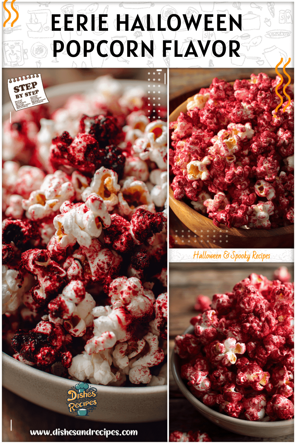 A bowl of sweet red velvet popcorn sprinkled with spooky Halloween popcorn decorations.