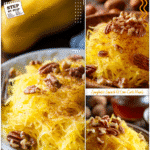 Sweet spaghetti squash strands dusted with cinnamon and topped with nuts on a cozy fall table