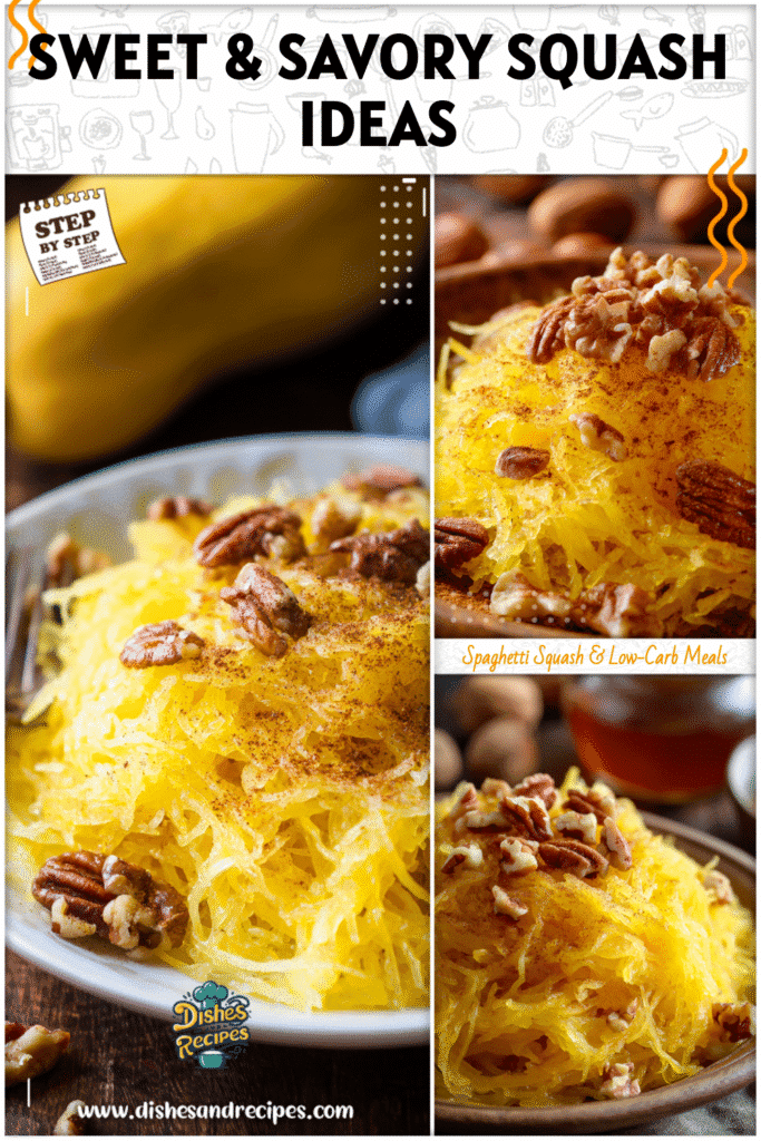 Sweet spaghetti squash strands dusted with cinnamon and topped with nuts on a cozy fall table