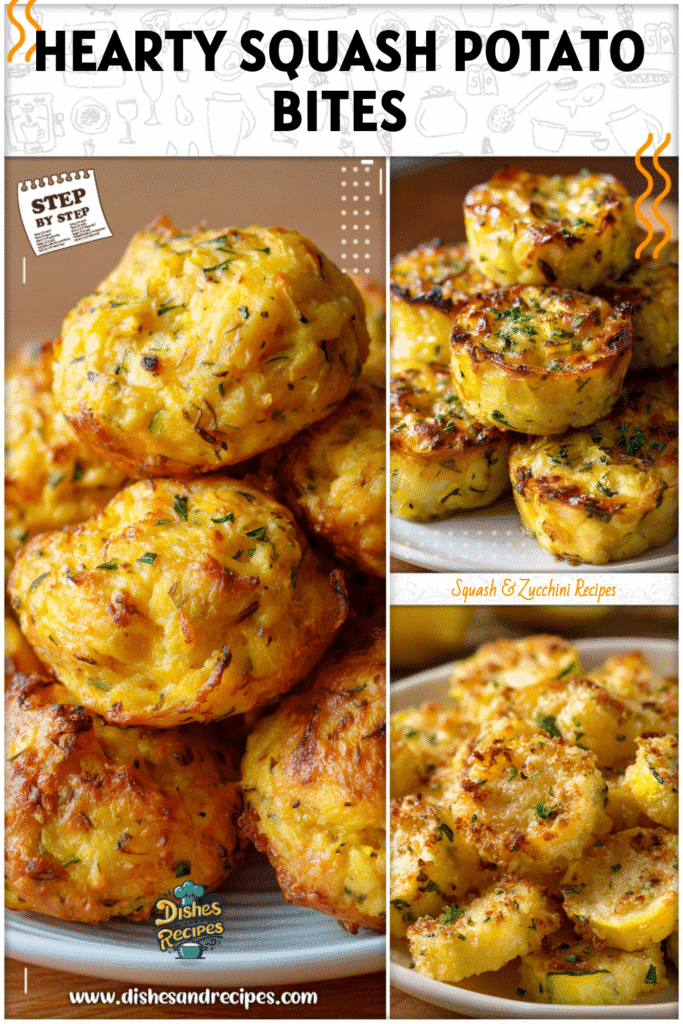 Home 29 Yellow squash and potato tots baked until golden brown and served warm on a plate