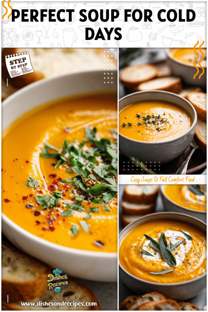 Home 35 A steaming bowl of the best butternut squash soup with bread slices on the side