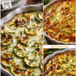 Golden baked zucchini squash casserole topped with melted cheese and herbs on a casserole kitchen table.