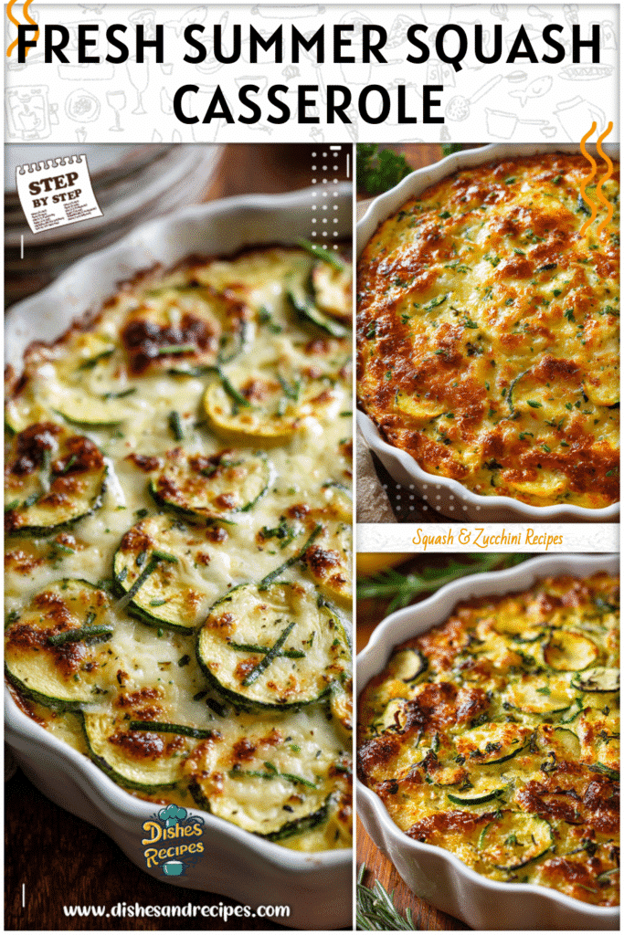 Home 30 Golden baked zucchini squash casserole topped with melted cheese and herbs on a casserole kitchen table.