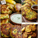 Golden yellow squash fritters arranged on a rustic wooden board with dipping sauce.