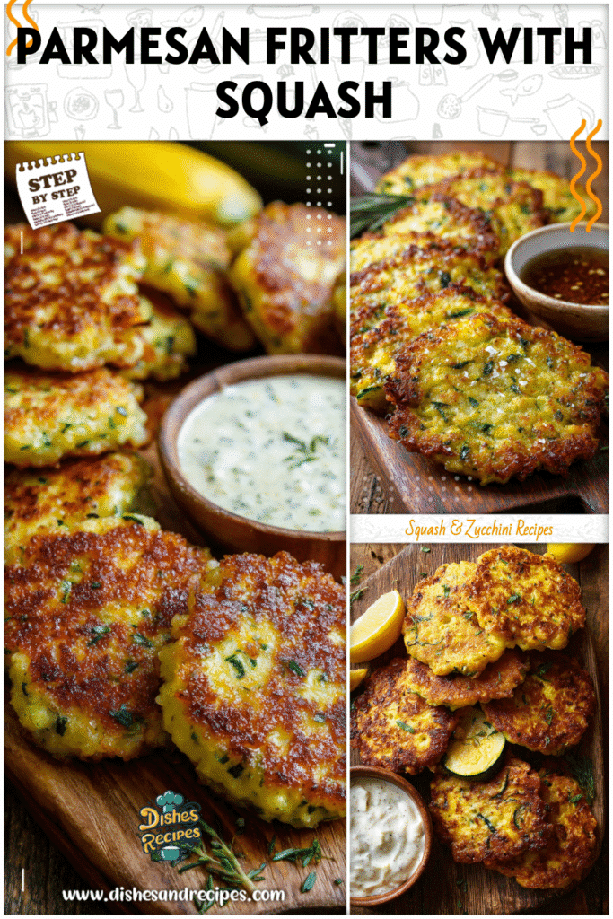Golden yellow squash fritters arranged on a rustic wooden board with dipping sauce.