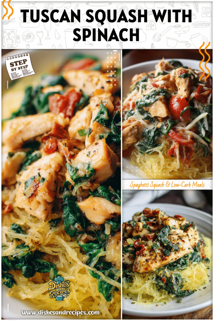 Chicken and spaghetti squash baked with fresh spinach and Tuscan-inspired seasonings
